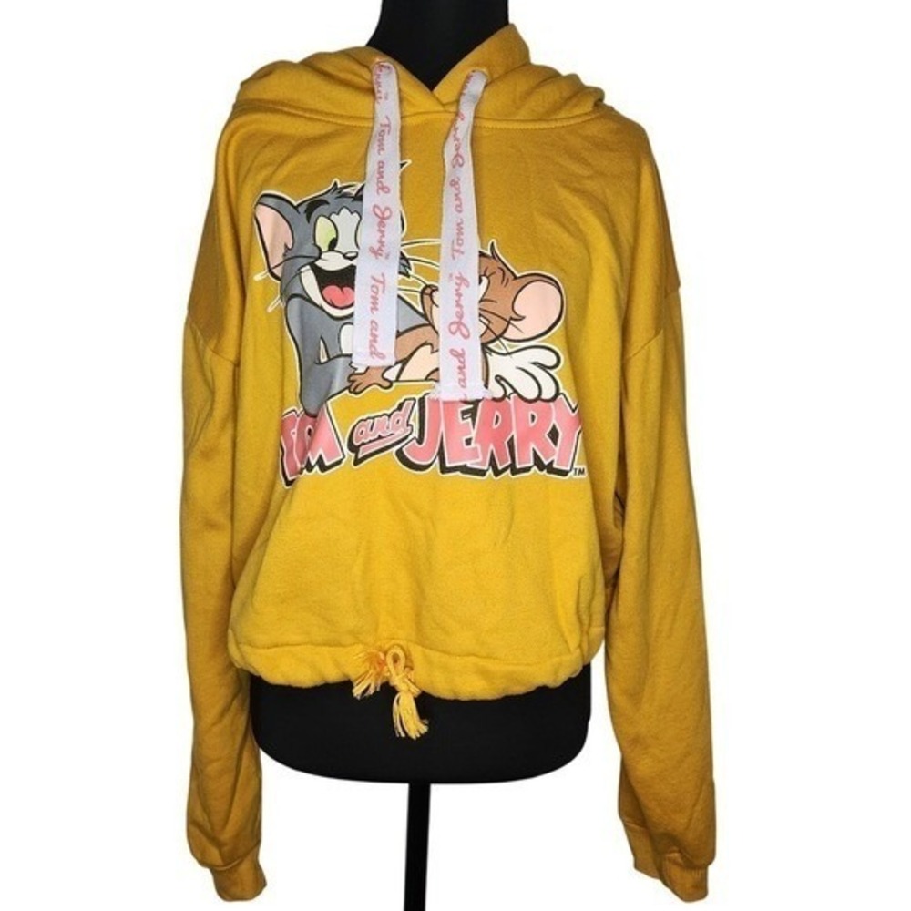 TOM & JERRY Cropped Hoodie Youth Girls XL Drawstring Pullover Yellow